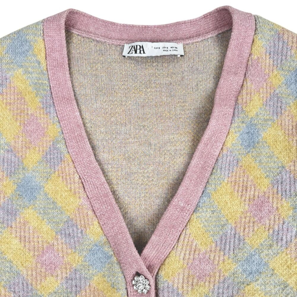 Zara Pastel Argyle Cardigan Womens S Rhinestone Button Preppy Soft Girl Academia - Picture 4 of 13